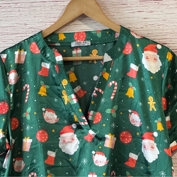 Ekouaer Satin Pajama Set in Green Santa Christmas Print Sz M - Picture 4 of 12